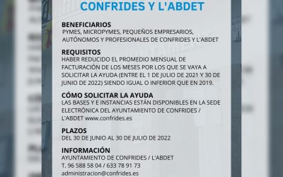 El día 30 finaliza el plazo para solicitar las nuevas ayudas con destino a minimizar el impacto económico del Covid19 en Pymes, Micropymes, Pequeños Empresarios, Autónomos y profesionales de Confrides y L’Abdet