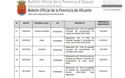 Concesión de subvención por la Diputación de Alicante por valor de 1.922,69 euros para la redacción de un Plan de Igualdad