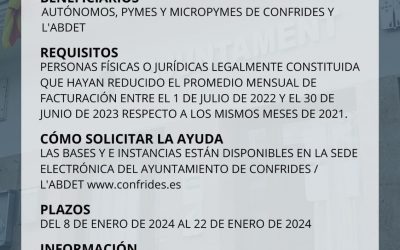 Abierto el plazo para solicitar las nuevas AYUDAS para autónomos, pymes y micropymes de CONFRIDES y L’ABDET