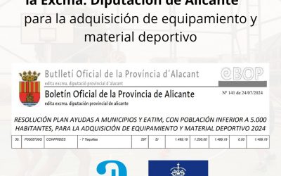 CONFRIDES RECIBE UNA SUBVENCIÓN de la Excma. Diputación de Alicante para la adquisición de equipamiento y material deportivo