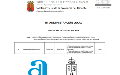 CONFRIDES RECIBE UNA SUBVENCIÓN de la Excma. Diputación de Alicante para la elaboración de documentos técnicos necesarios para la tramitación de expedientes municipales.