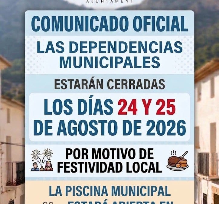 Las dependencias municipales permanecerán cerradas los días 24 y 25 de agosto