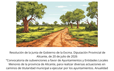 Concedida una subvención de 44.642,86 € por la Diputación de Alicante para la adecuación y mejora de un tramo del camino rural “Charquera”