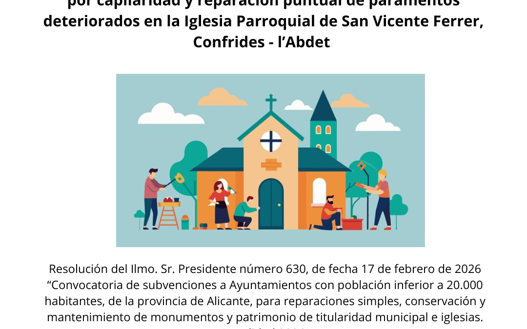 Concedida una subvención de 39.922,50 euros destinada a actuaciones de conservación y mantenimiento en la Iglesia Parroquial de San Vicente Ferrer