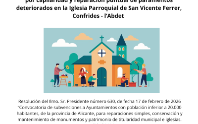 Concedida una subvención de 39.922,50 euros destinada a actuaciones de conservación y mantenimiento en la Iglesia Parroquial de San Vicente Ferrer