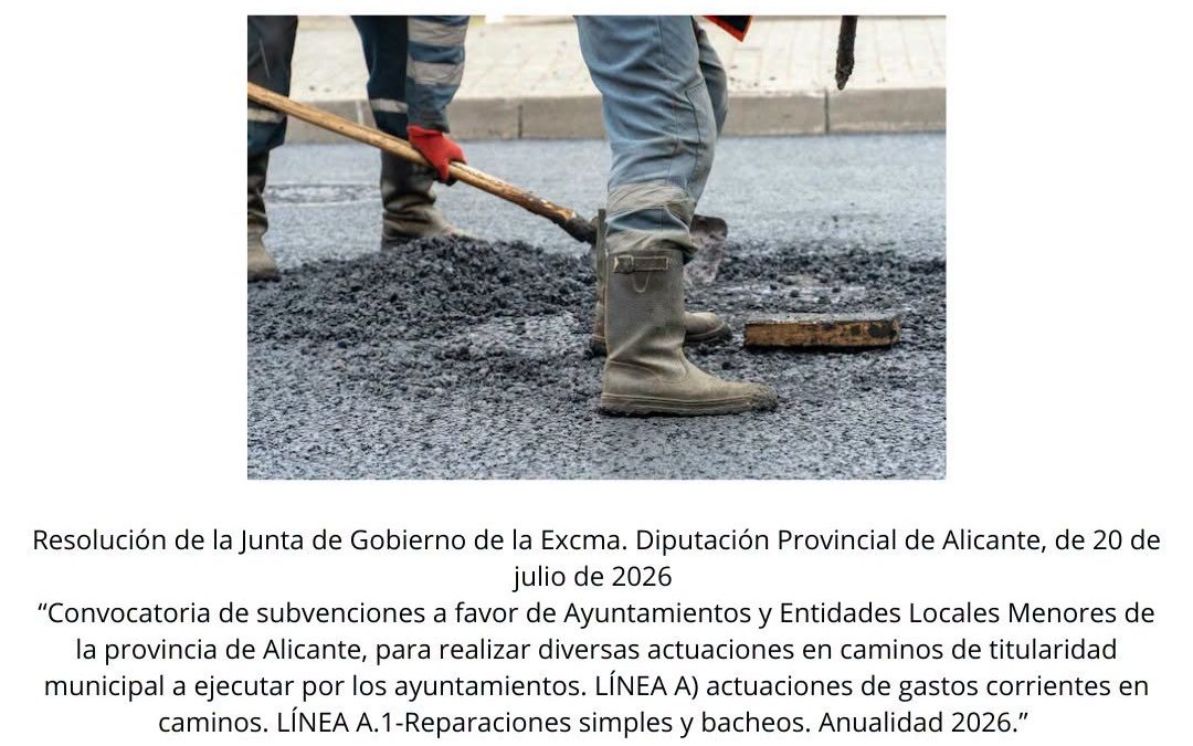 Concedida una subvención de 5.999,99 € por la Diputación de Alicante para la realización de la reparación simple y bacheo del Camino Azagador